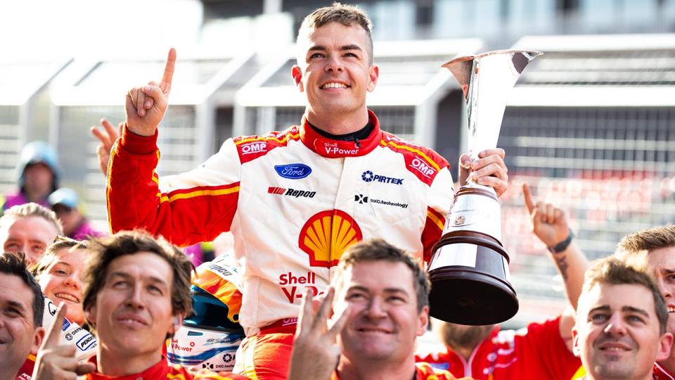 Scott McLaughlin, pictured here celebrating winning the 2020 Supercars championship after the Bathurst 1000.