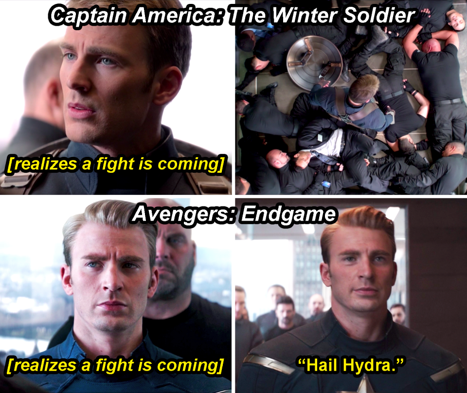 Steve realizing a fight is coming in Winter Soldier and knocking out everyone in the elevator versus him realizing a fight is coming in Endgame and saying, "Hail Hydra," to get out without fighting