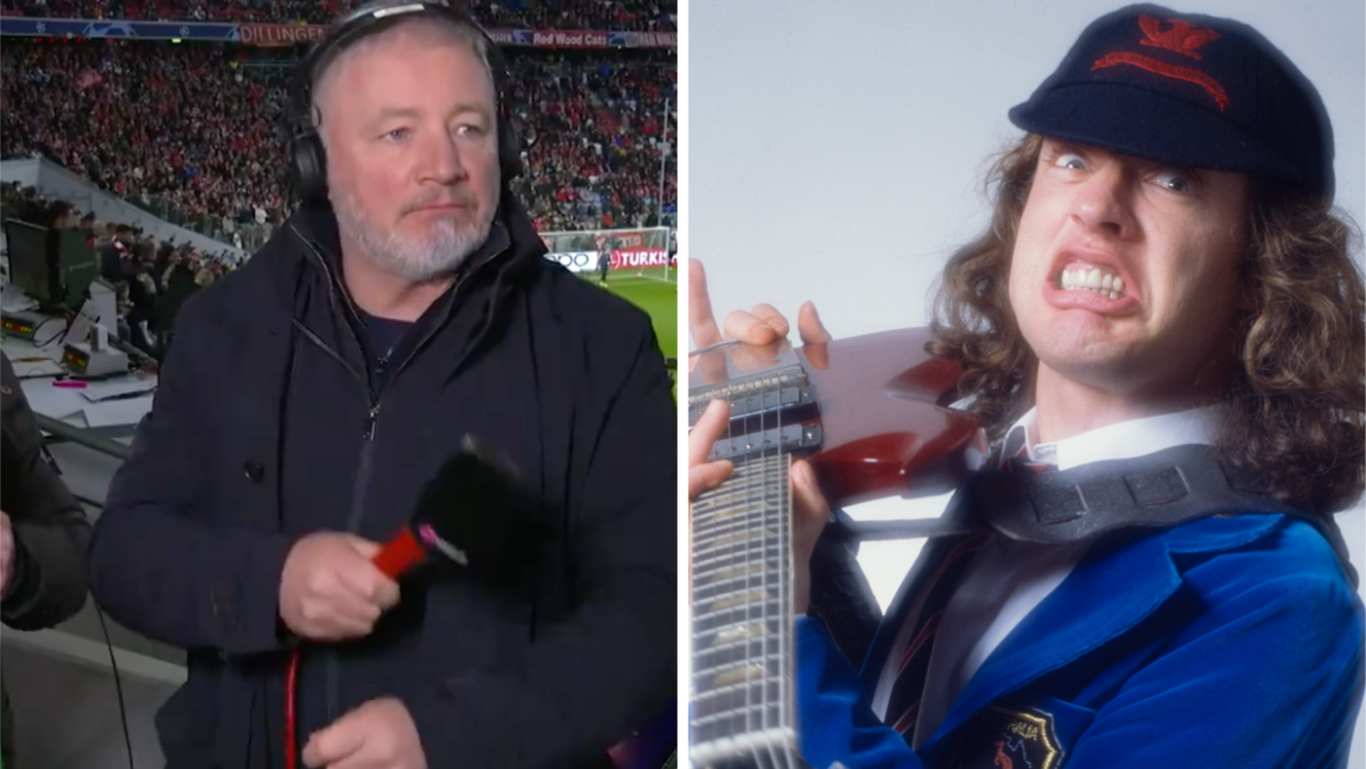  Ally McCoist playing air drums, next to a photo of AC/DC guitarist Angus Young in 1982. 