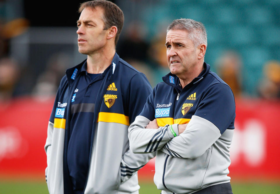 Alastair Clarkson and Chris Fagan, pictured here before a Hawthorn game in 2015.