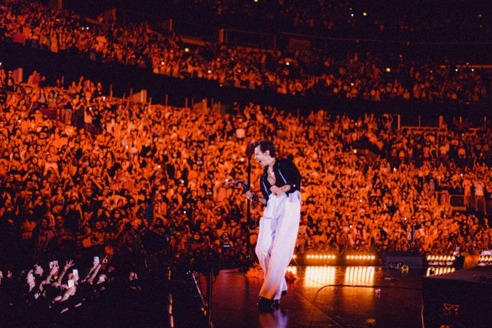 Harry Styles performs at the United Center in Chicago on Sept. 24., 2021.