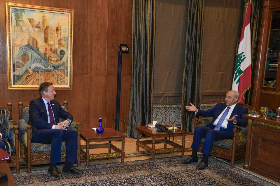 Britain's Foreign Secretary David Cameron, left, meets with Lebanese Parliament Speaker Nabih Berri in Beirut, Lebanon, Thursday, Feb. 1, 2024. Cameron discussed with Lebanese officials the volatile situation in the Middle East during a stop in Beirut, part of a regional tour. (AP Photo/Bilal Hussein)