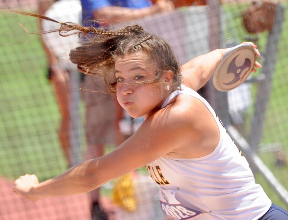 Stephenville's Jaylee Matthews throws in the girls discus at the state track and field meet in Austin.