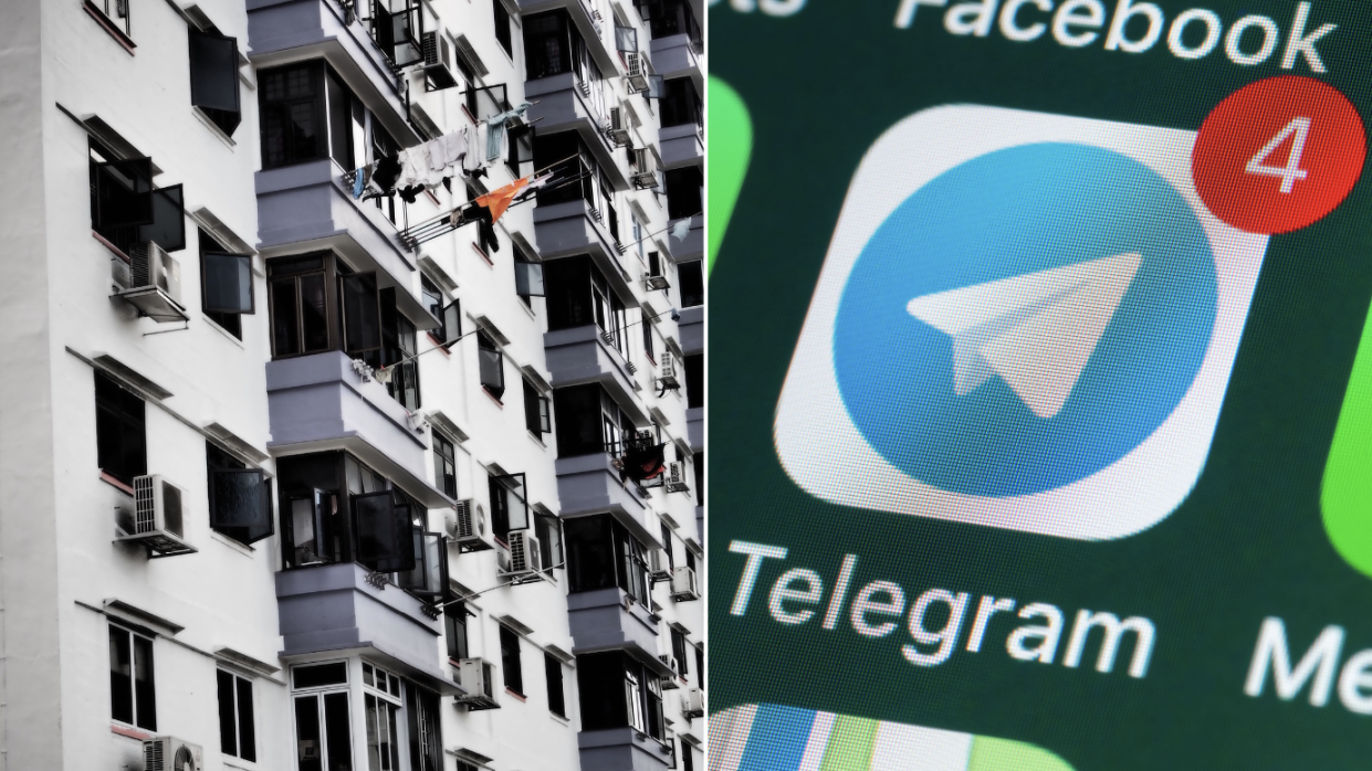 Closeup of HDB flat in Singapore (left) and Telegram app on phone (Photos: Getty Images)