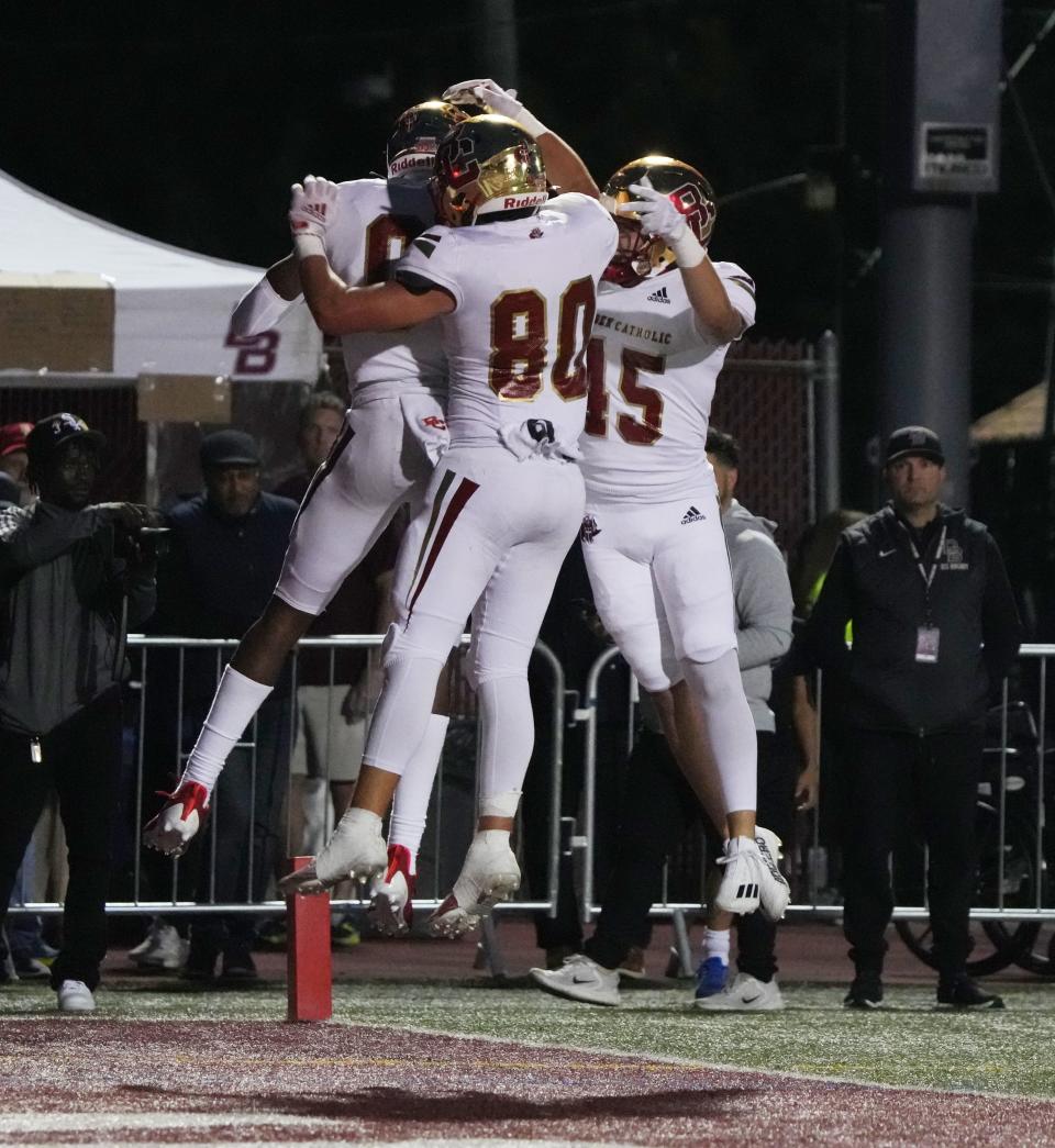 Ramsey, NJ-- September 23, 2023 -- Celebrating a TD scored by Quincy Porter of Bergen Catholic as Bergen Catholic defeated Don Bosco 38-15 in their football rivalry played at Don Bosco in Ramsey on September 23, 2023.