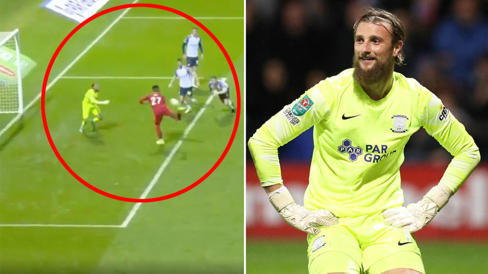 Pictured here, Divock Origi beats Preston keeper Declan Rudd with a ridiculous scorpion kick goal.