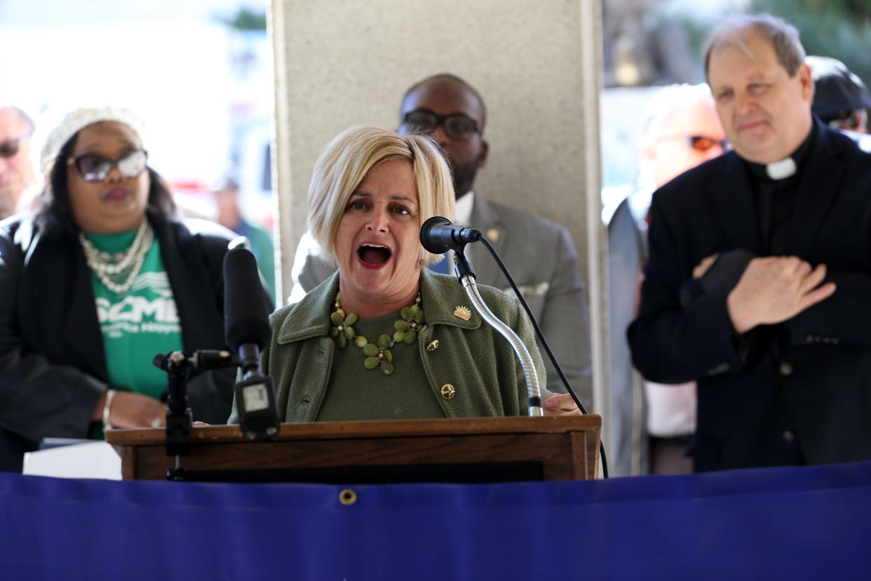 Rep. Loranne Ausley speaks at a rally where state workers are demanding a higher pay on Tuesday, Jan. 28, 2020. 