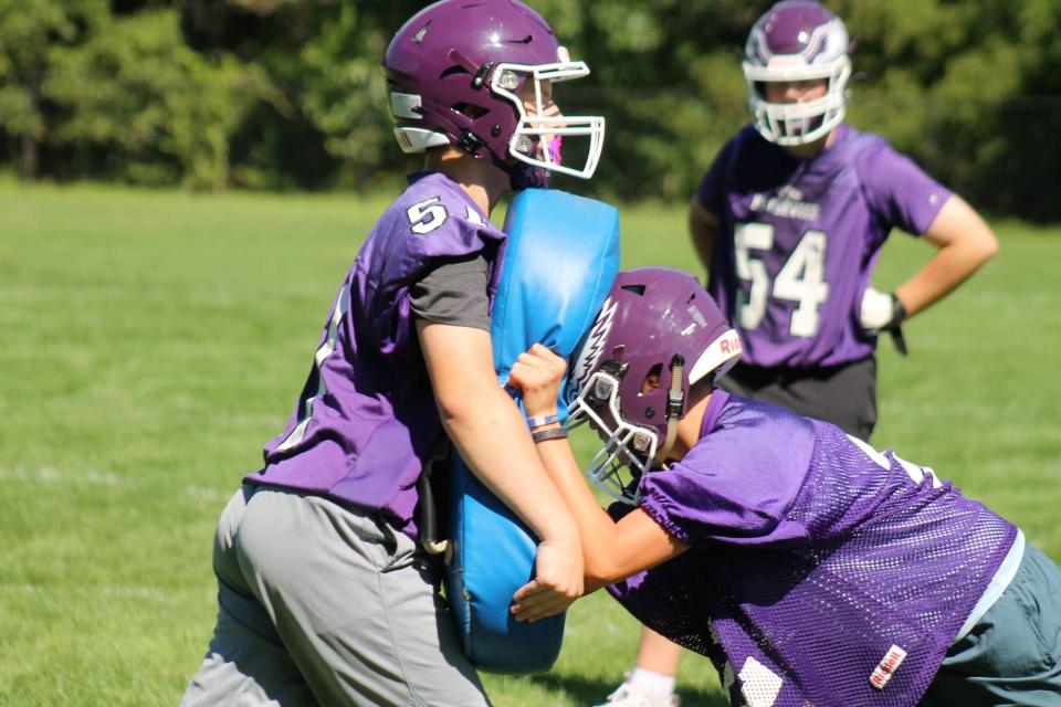 The Marshwood High School football team, seen during practice Monday, Aug. 14, 2023, is motivated to put last year's two-win season in the past.