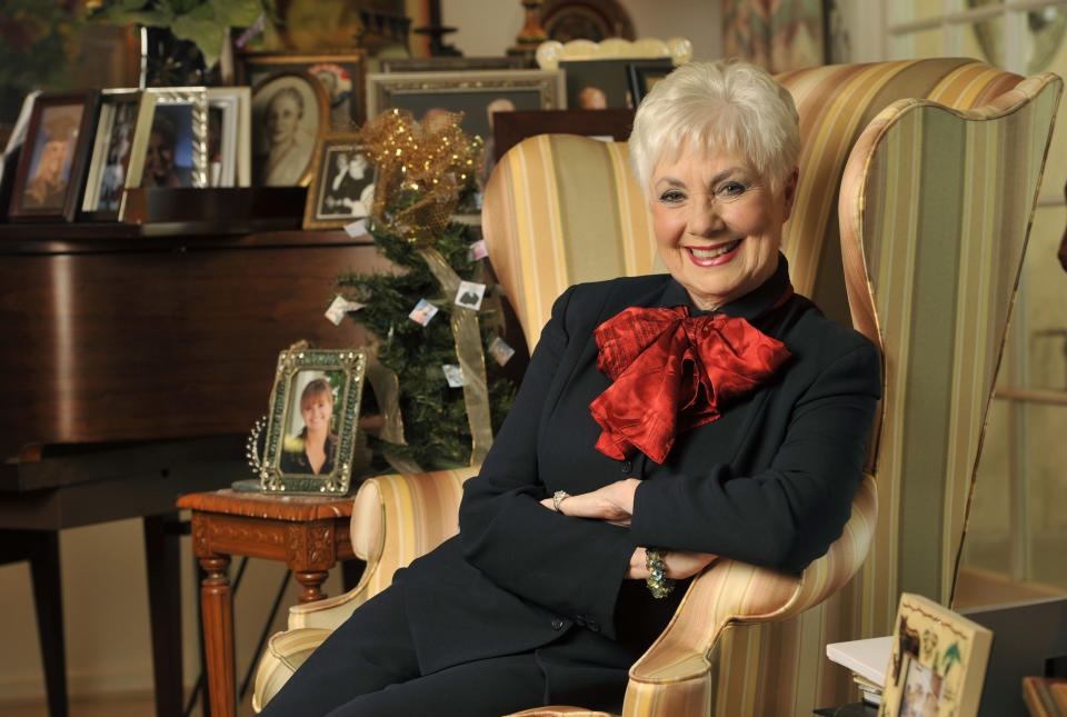 In this Monday, July 15, 2013 photo, actress Shirley Jones poses for a portrait at her home in Los Angeles. Jones’ autobiography, “Shirley Jones,” is being released Tuesday, July 23. (Photo by Chris Pizzello/Invision/AP)