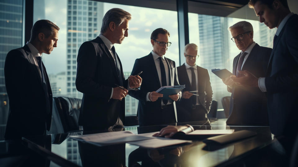 A team of bankers in suits, discussing the success of the company's banking products.