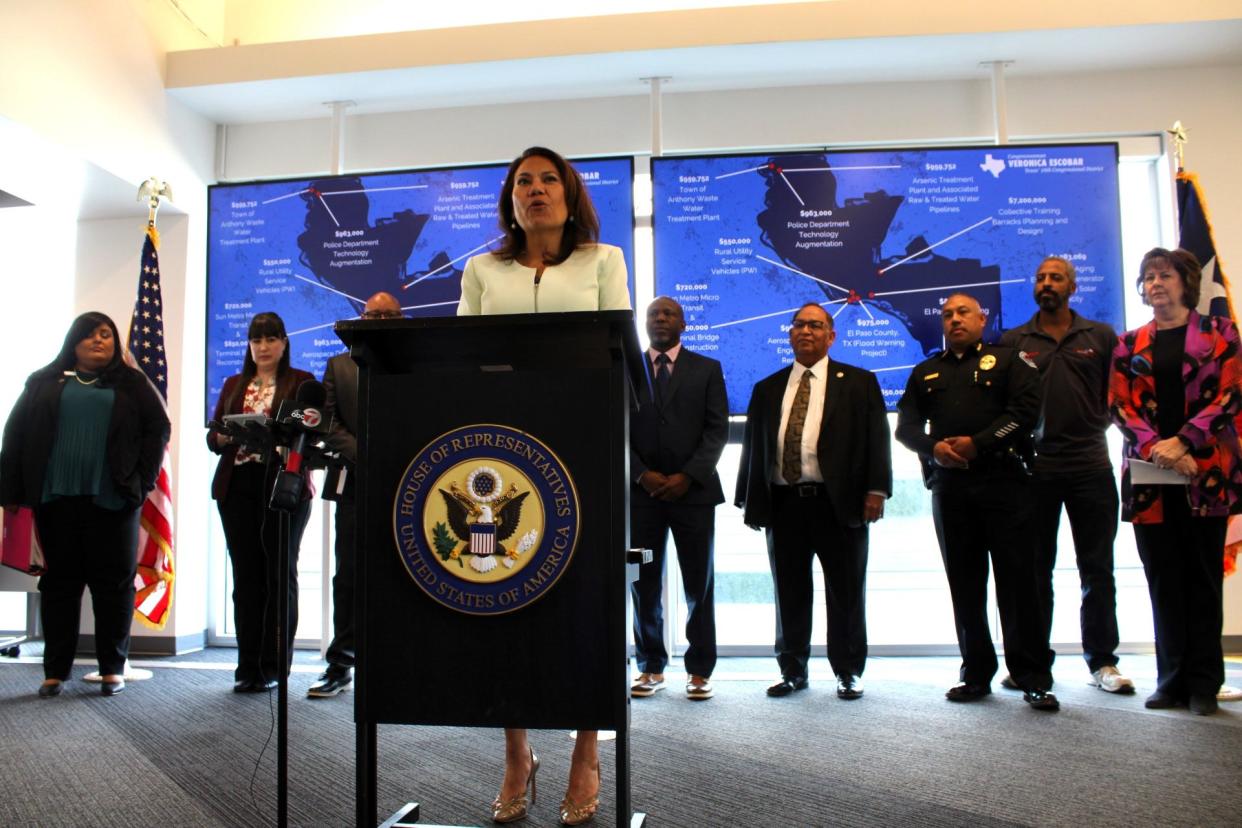 U.S. Rep. Veronica Escobar, D-El Paso, is surrounded by some of the recipients of $19 million in federal funding during a news conference Friday, April 5, 2024, at the Blue Flame Building in Downtown El Paso.