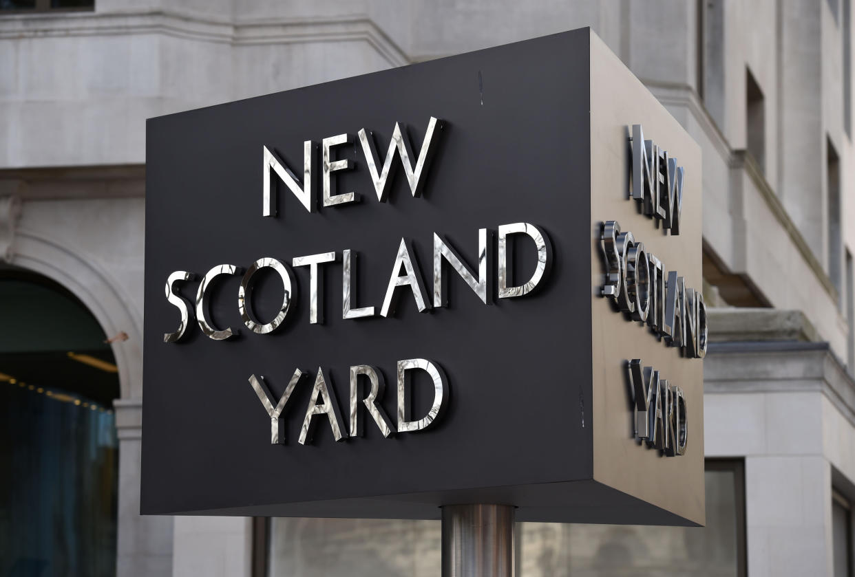 File photo dated 3/2/2017 of the New Scotland Yard sign outside the headquarters of the Metropolitan Police. The Metropolitan Police are investigating whether Wayne Couzens committed more crimes before he kidnapped, raped and murdered Sarah Everard as the force vowed to make the streets safer for women and girls. Issue date: Friday October 1, 2021.