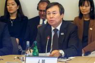 South Korean Sports Minister Do Jong-hwan speaks to International Olympic Committee (IOC) and North Korea's delegation, during a meeting with the International Olympic Committee for the bid to co-host the 2032 Summer Olympics, at the IOC Headquarters in Lausanne, Switzerland, Friday, February 15, 2019. Salvatore Di Nolfi/Pool via REUTERS