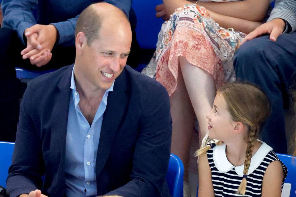 <p>Max Mumby/Indigo/Getty</p> Prince William and Princess Charlotte at the Commonwealth Games on August 2, 2022
