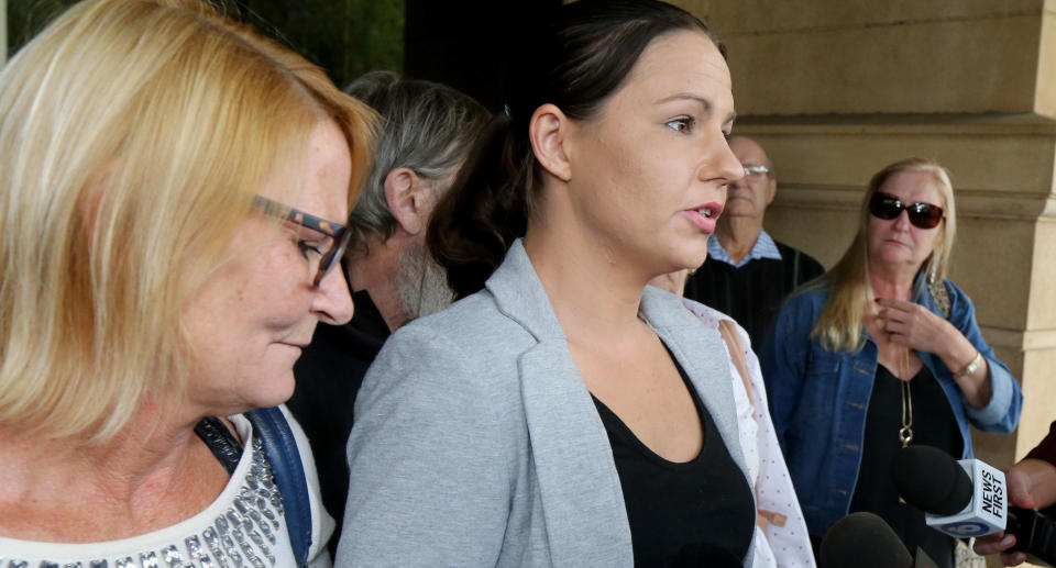 Victim Rex Courts’ sister Sarah Danielson reads a statement outside the Supreme court in Adelaide. Source: AAP