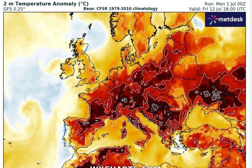 Temperature map for Friday 12 July