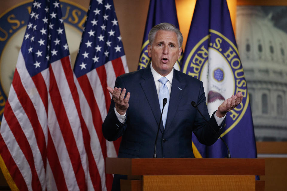 House Minority Leader Kevin McCarthy of Calif., speaks during a news conference on Capitol Hill in Washington, Thursday, June 25, 2020. (AP Photo/Carolyn Kaster)