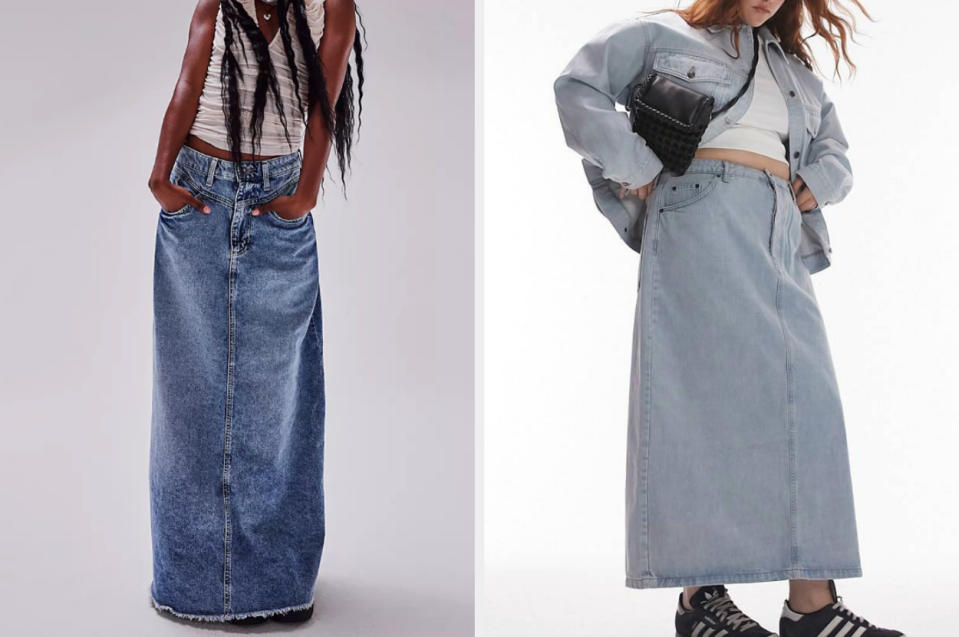 Women modeling jean skirts