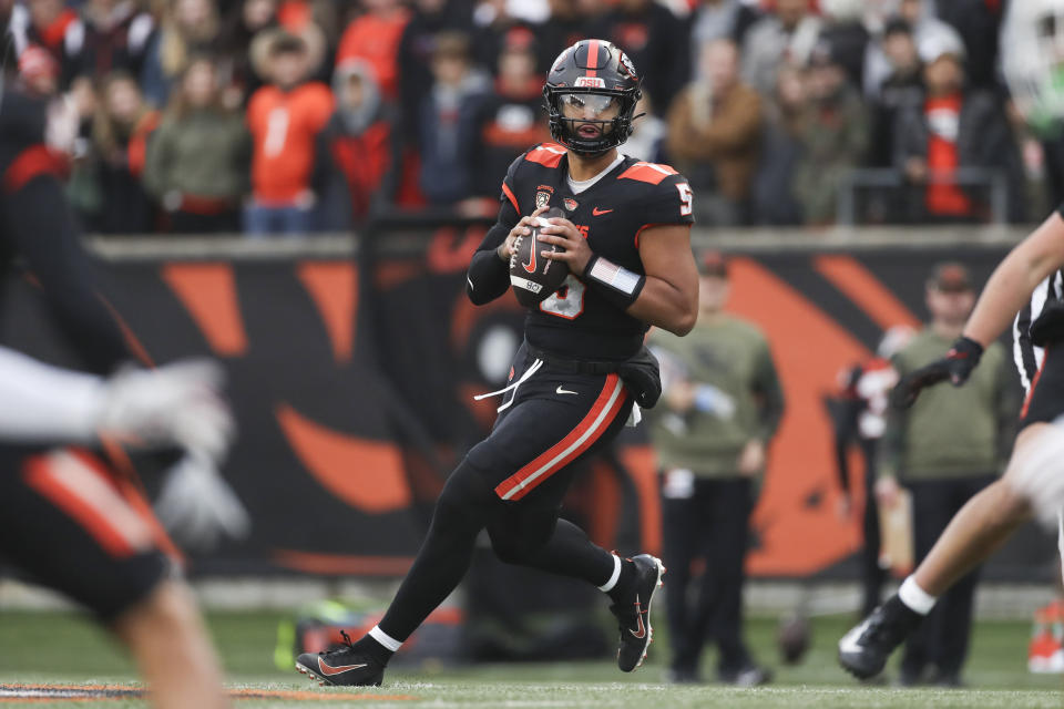 Oregon State quarterback DJ Uiagalelei looks to pass against Stanford during the first half of an NCAA college football game Saturday, Nov. 11, 2023, in Corvallis, Ore. (AP Photo/Amanda Loman)