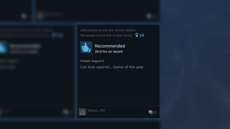 A positive review says: "Can kick squirrel... Game of the year."