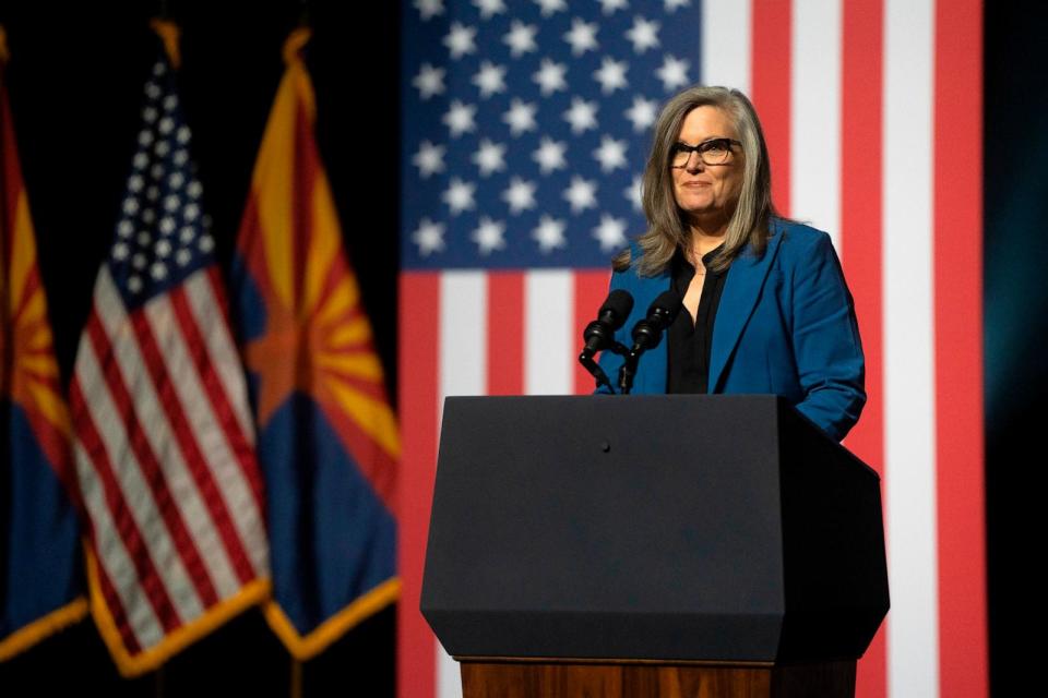 PHOTO: In this Sept. 28, 2023, file photo, Arizona Gov. Katie Hobbs speaks at the Tempe Center for the Arts, in Tempe, Arizona.  (Rebecca Noble/Getty Images, FILE)