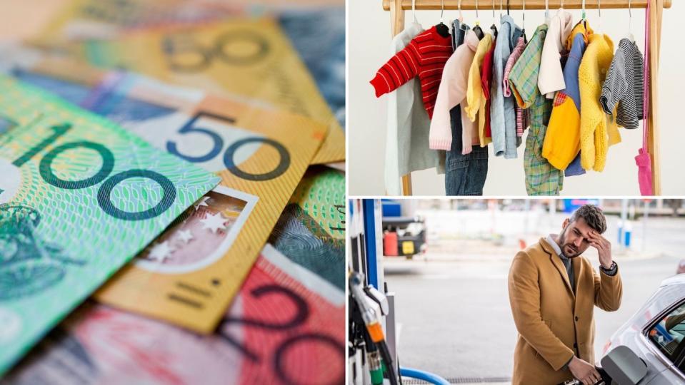 Compilation image of pile of cash with wardrobe of kids clothes and a man at the petrol pump in anguish