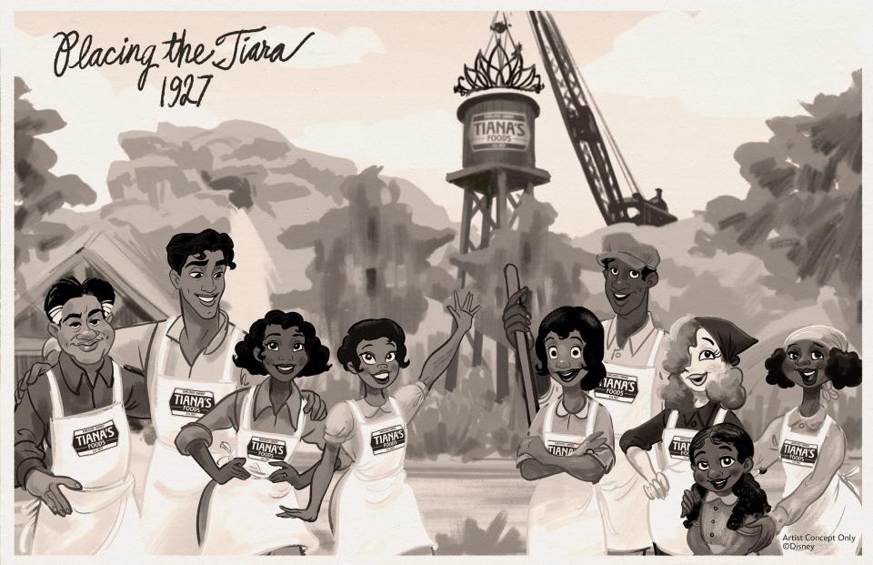 Guests will learn the story behind Tiana's employee-owned cooperative while in line for Tiana's Bayou Adventure. Disney says, "Combining her talents with those of the local community, Tiana has transformed an aging salt mine and built a beloved brand."