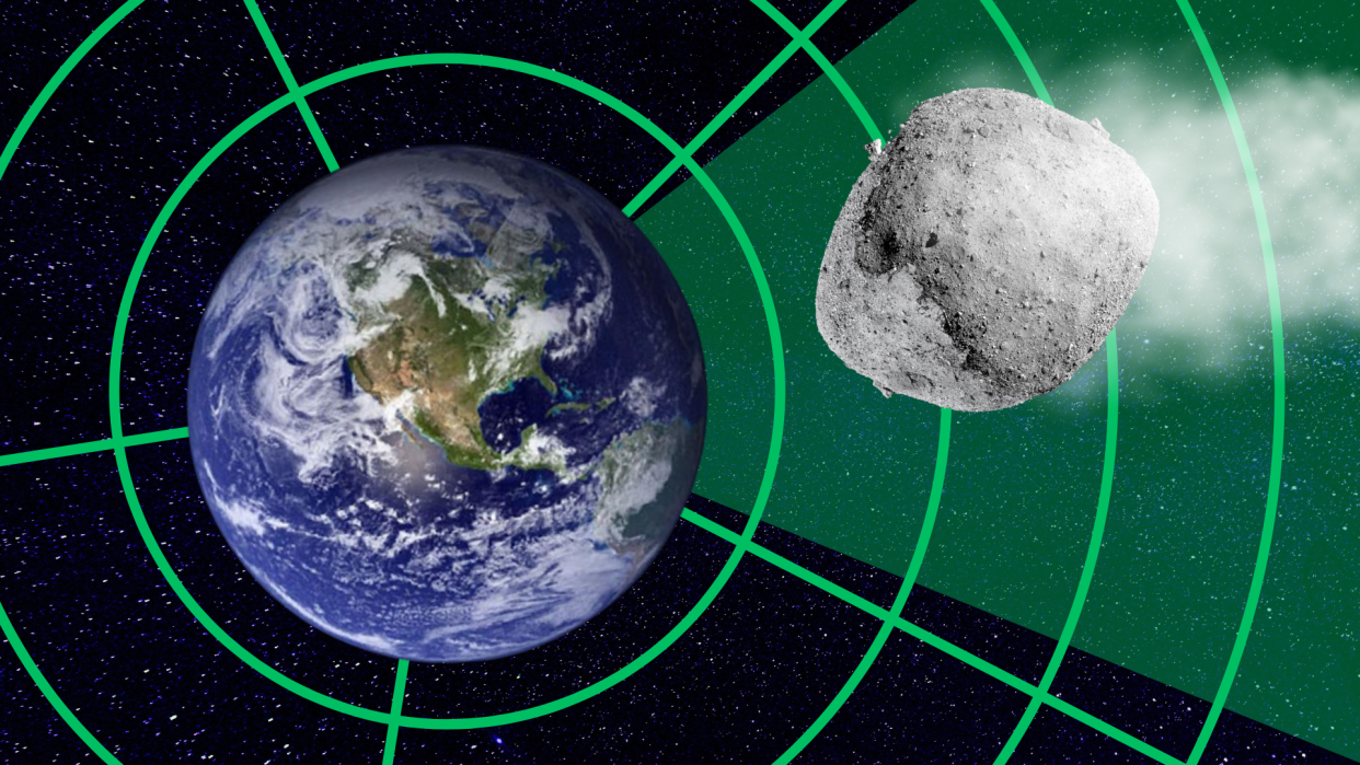  An illustration shows radar spotting an asteroid as it approaches Earth. 