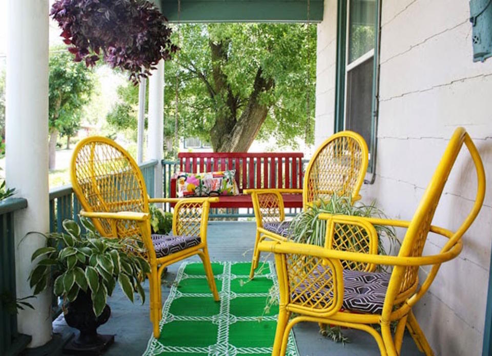 <body> <p>Color makes everything cuter, and older <a rel="nofollow noopener" href=" http://www.bobvila.com/slideshow/10-doable-designs-for-diy-outdoor-furniture-48798?bv=yahoo" target="_blank" data-ylk="slk:outdoor furniture;elm:context_link;itc:0;sec:content-canvas" class="link ">outdoor furniture</a> can usually use an infusion of cuteness. Fortunately, pieces like the bamboo chairs shown here are pretty easy to spray-paint. To ensure long-lasting results, don’t skimp on prep: Wash and rinse the pieces well, and let them dry thoroughly. Protect the area with drop cloths, spray on primer first, then when it's dry, apply your shade of choice, holding the can about eight inches from the surface and using a sweeping side-to-side motion.</p> <p><strong>Related: <a rel="nofollow noopener" href=" http://www.bobvila.com/slideshow/9-simple-porch-ideas-to-steal-from-real-homes-50086?#.V40lVJMrKRs?bv=yahoo" target="_blank" data-ylk="slk:9 Simple Porch Ideas to Steal from Real Homes;elm:context_link;itc:0;sec:content-canvas" class="link ">9 Simple Porch Ideas to Steal from Real Homes</a> </strong> </p> </body>