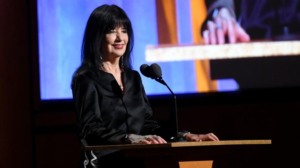 <div class="inline-image__caption"><p>Joy Harjo speaks onstage during the Academy Of Motion Picture Arts And Sciences’ 11th Annual Governors Awards in 2019.</p></div> <div class="inline-image__credit">Kevin Winter/Getty</div>