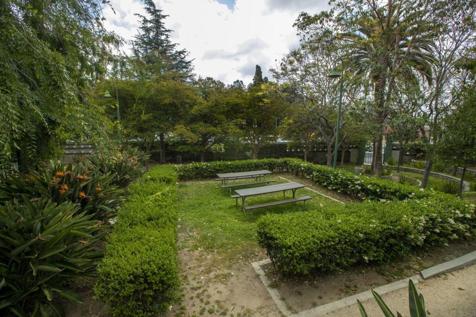 Picnic tables and hedges at Highland Camrose Park.