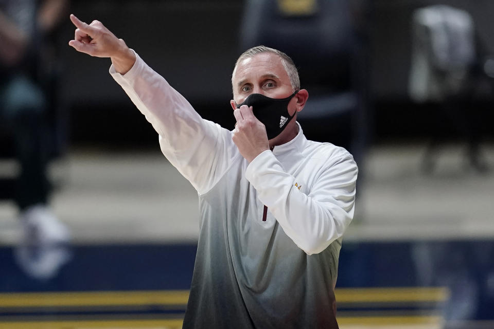 Arizona State coach Bobby Hurley gestures to players during the first half of the team's NCAA college basketball game against California in Berkeley, Calif., Thursday, Dec. 3, 2020. (AP Photo/Jeff Chiu)