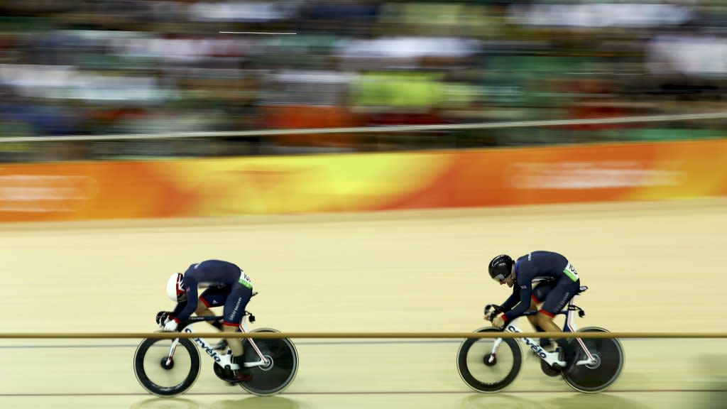 Callum Skinner and Jason Kenny compete in the Men's Sprint Final Gold Race at the 2016 Rio Olympic Games.
