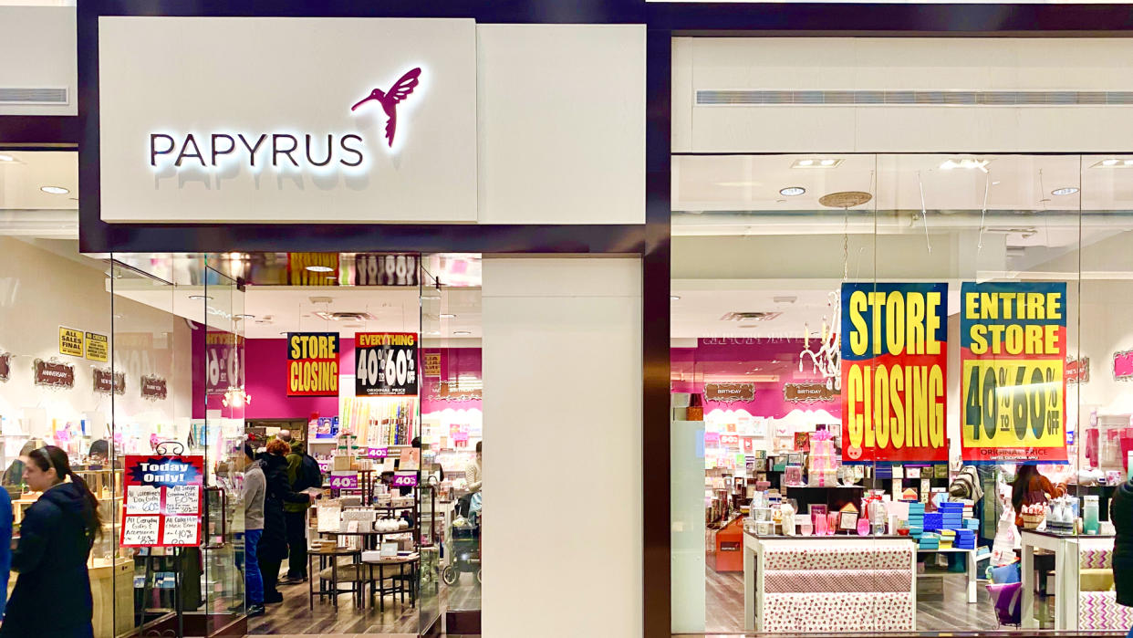 Boston, MA - February 7, 2020: Papyrus store in Prudential Center with closing signs in the windows.