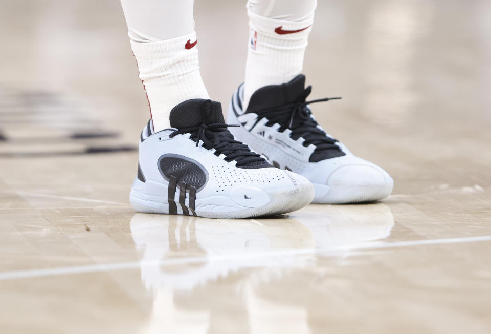 Nov 8, 2023; Oklahoma City, Oklahoma, USA; A close up view of Cleveland Cavaliers guard Donovan Mitchell (45) shoes during the second half against the Oklahoma City Thunder at Paycom Center. Oklahoma City won 128-120. Mandatory Credit: Alonzo Adams-USA TODAY Sports