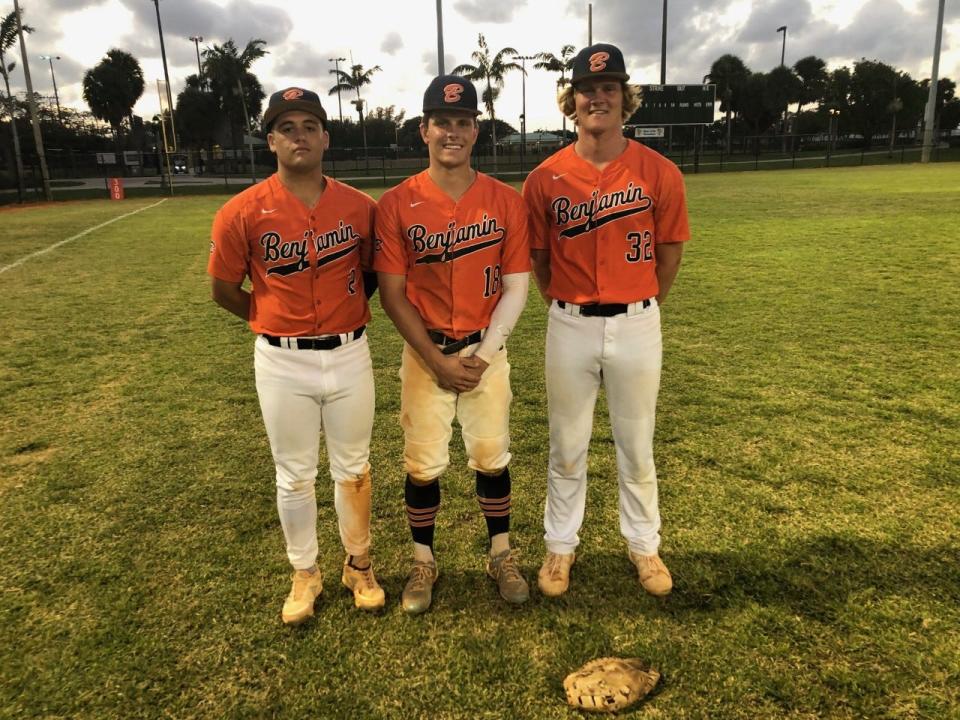 Three Benjamin standouts -- (from left) pitcher Freddy Beruvides, shortstop Tristan Head and outfielder Walker Buchanan -- are headed to the University of Virginia next season, where they'll continue to wear orange and blue.