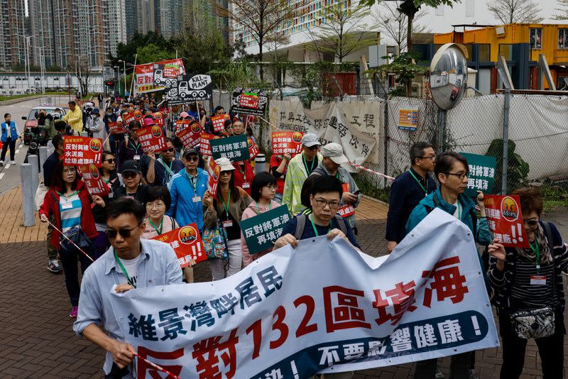 Protest against a land reclamation and waste transfer station project, in Hong Kong