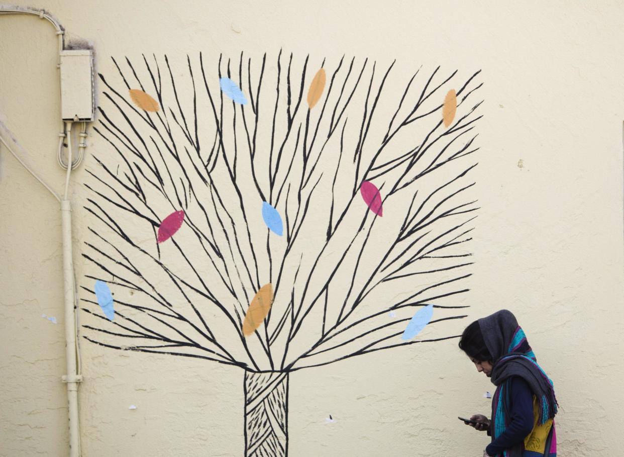 An woman checks her mobile phone as she walks past graffiti of a tree in central Tehran in this file photo from 31 December 2014: Getty