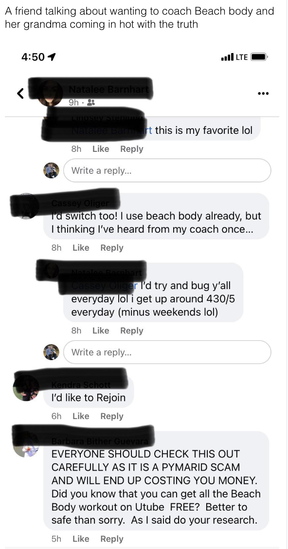 About coaching Beachbody, Grandma saying that everyone should check it out carefully because it's a pyramid scam and will cost you money, and did you know you can get all the Beachbody workout for free?