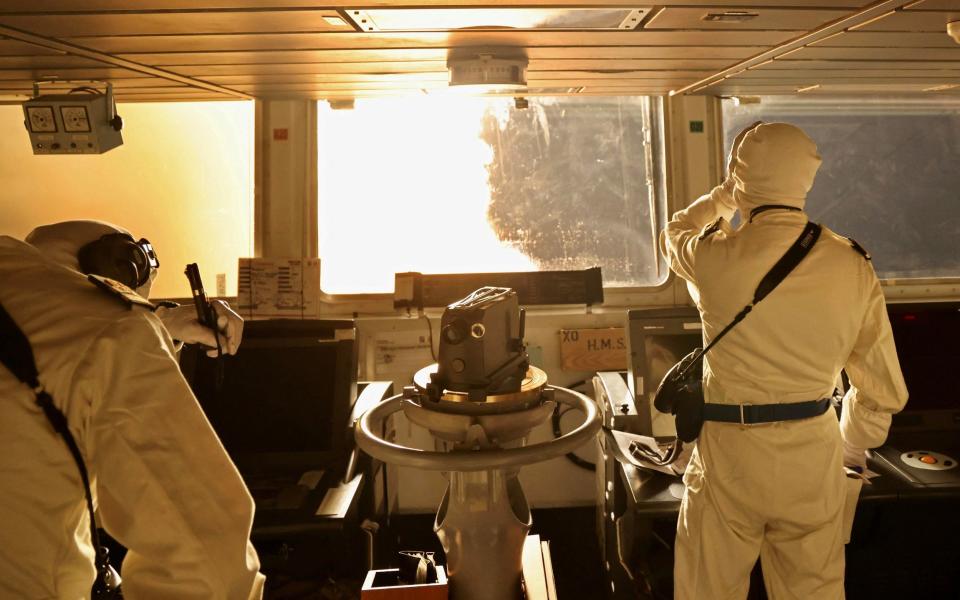 Officers on the bridge of destroyer HMS Diamond as she engages Houthi missiles and drone with her Aster (Sea Viper) interceptors on Jan 10