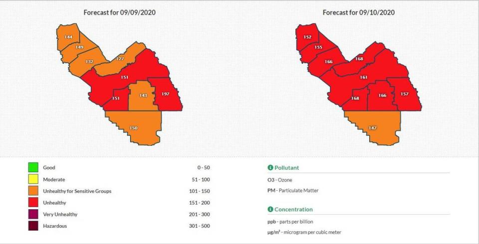The San Joaquin Valley Air Pollution Control District forecast predicted unhealthy air quality on Thursday, Sept. 10, 2020 for all central San Joaquin Valley counties and the Sequoia National Forest from wildfire smoke.