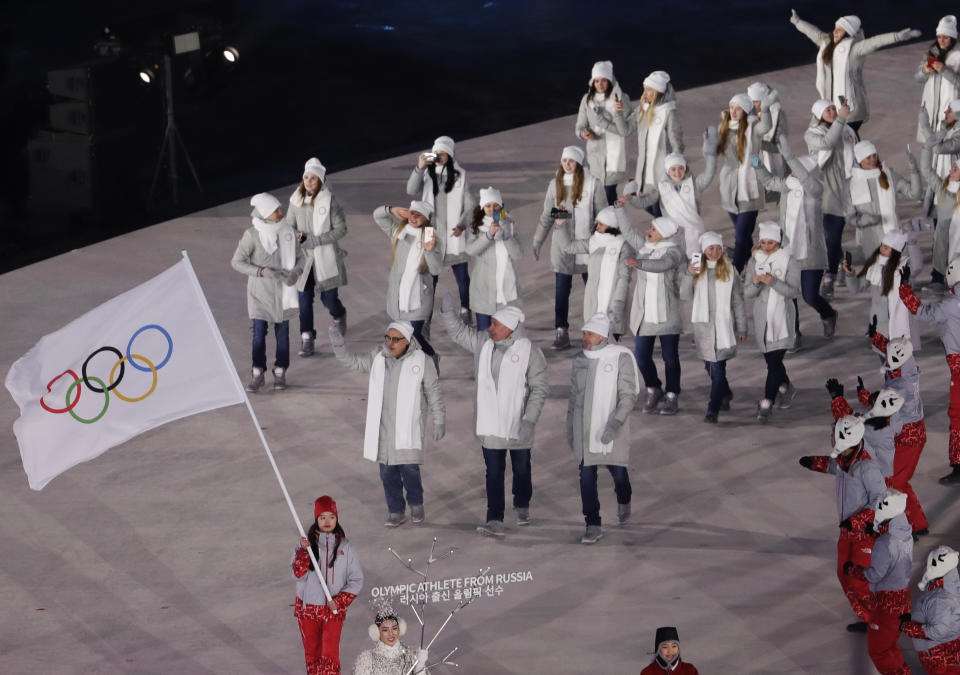 <p>Russian athletes arrive during the opening ceremony of the 2018 Winter Olympics in Pyeongchang, South Korea, Friday, Feb. 9, 2018. (AP Photo/Natacha Pisarenko) </p>
