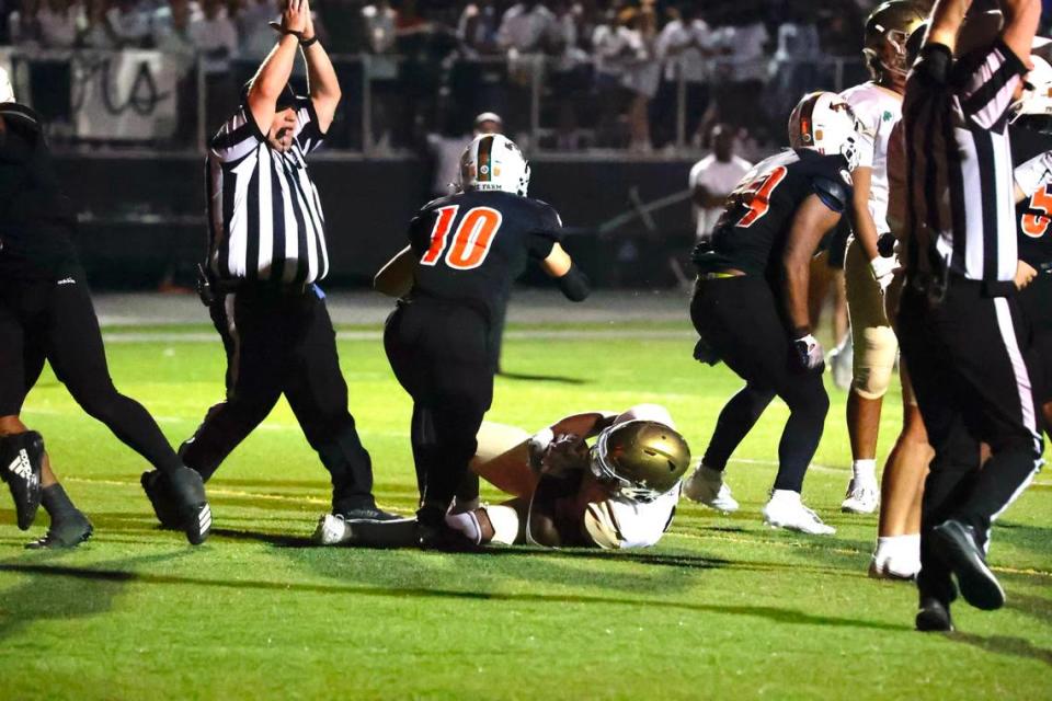 Frederick Douglass’s defense tackled Cathedral’s Jalen Bonds a yard deep in the end zone to score a safety in the third quarter of their game on Friday. Marciano Barnes and Logan Busson got credit for the tackle.