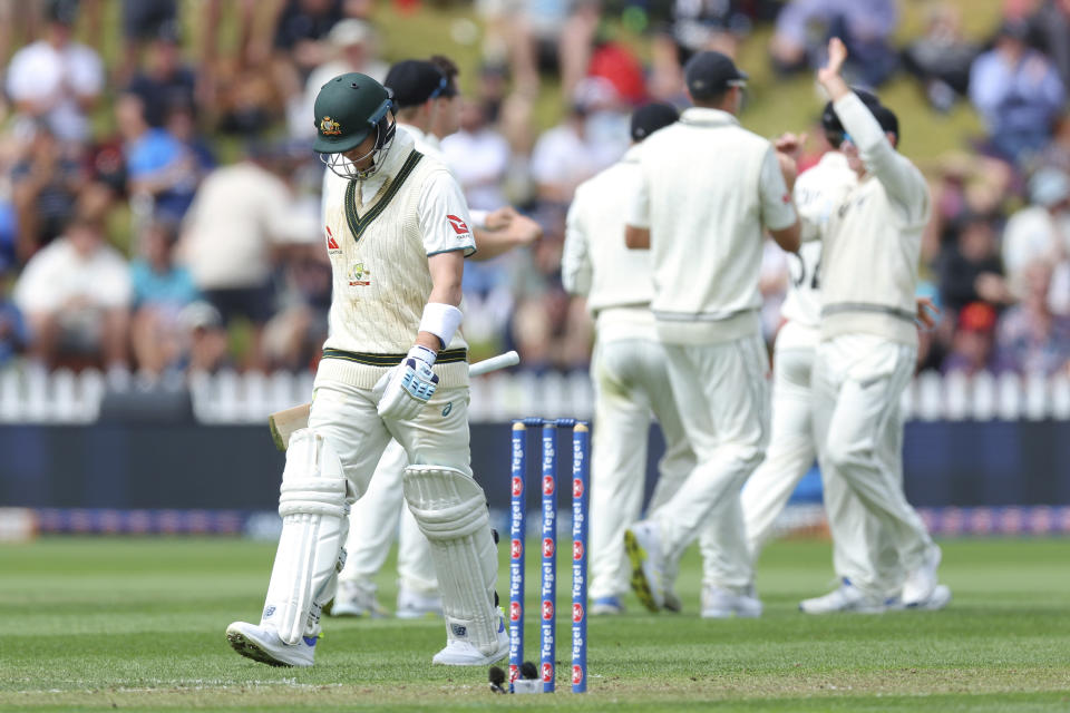 WELLINGTON, NEW ZEALAND - FEBRUARY 29: Steve Smith of Australia leaves the field after being dismissed during day one of the First Test in the series between New Zealand and Australia at Basin Reserve on February 29, 2024 in Wellington, New Zealand. (Photo by Hagen Hopkins/Getty Images)