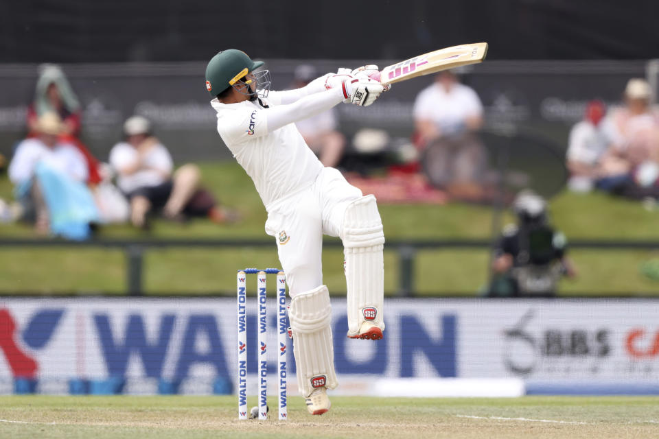 Najmul Hossain Shanto of Bangladesh bats during play on day three of the second cricket test between Bangladesh and New Zealand at Hagley Oval in Christchurch, New Zealand, Tuesday, Jan. 11, 2022. (Martin Hunter/Photosport via AP)