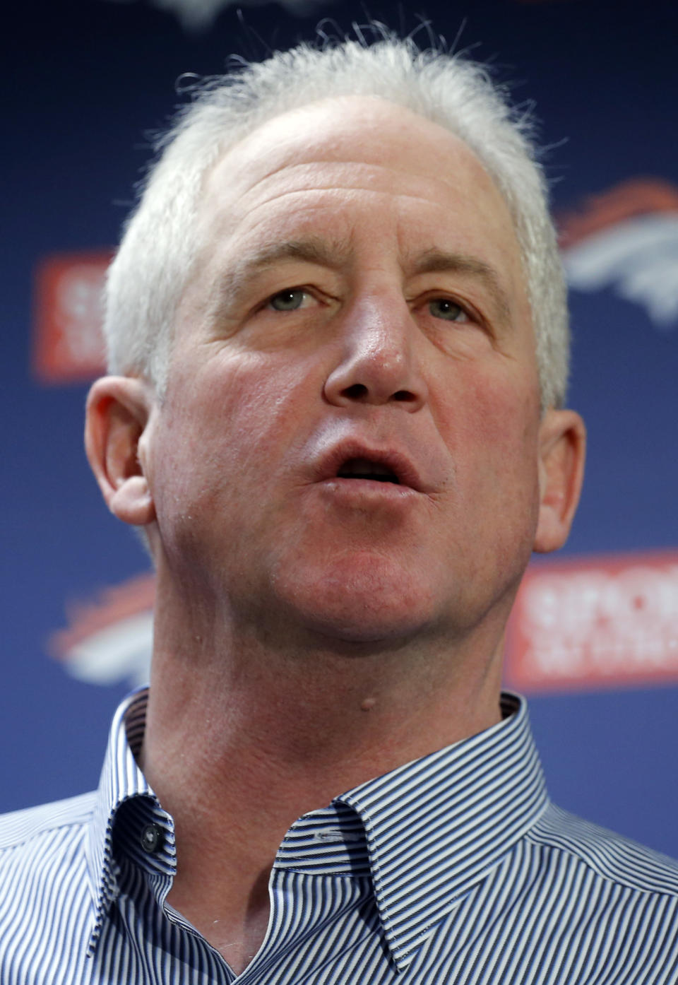 Denver Broncos head coach John Fox speaks during a news conference at the Denver Broncos NFL football training facility in Englewood, Colo., on Monday, Jan. 13, 2014. The Broncos are scheduled to play the New England Patriots for the AFC Championship on Sunday. (AP Photo/Ed Andrieski)