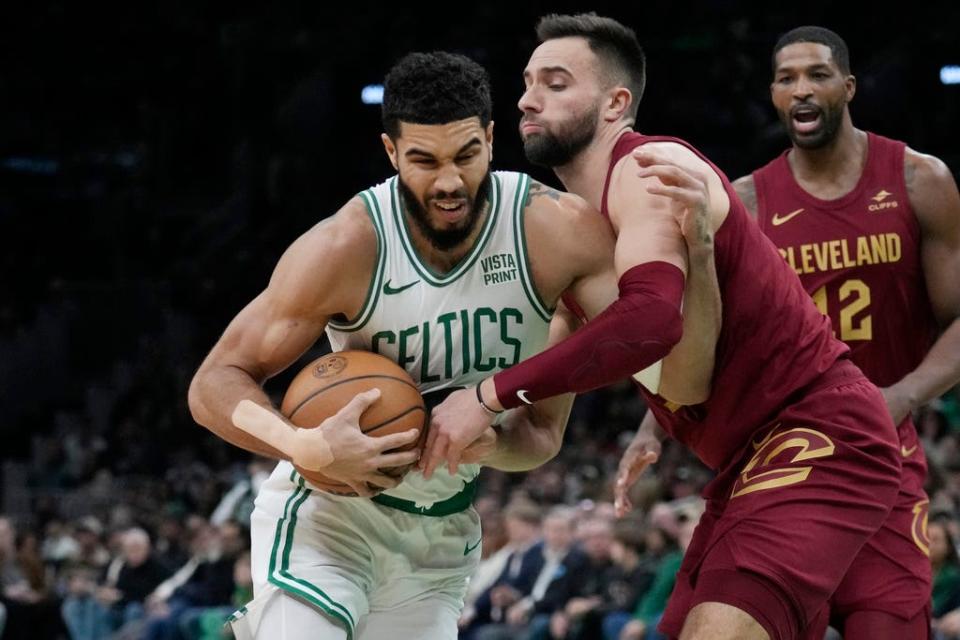 Boston Celtics forward Jayson Tatum (0) during an NBA basketball game, Tuesday, Dec. 12, 2023, in Boston. (AP Photo/Charles Krupa)