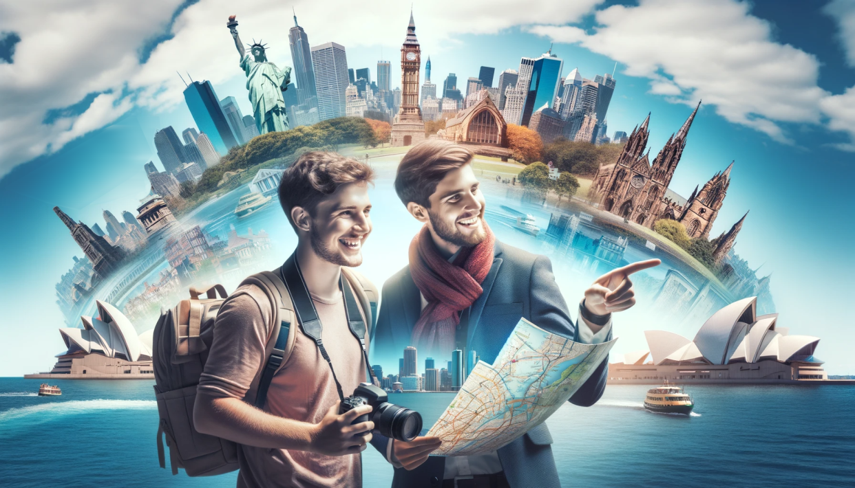 An AI-generated image of a blended progression of scenes from New York, Sydney, Australia, and Edinburgh, Scotland. In the foreground, a smiling tourist is interacting with a local, who is helping with directions.