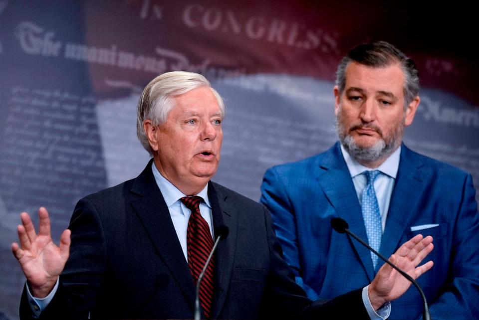 PHOTO: Sen. Lindsey Graham, joined by Sen. Ted Cruz and other Senate Republicans, criticizes President Joe Biden during a news conference at the Capitol in Washington, D.C., on May 9, 2024. (J. Scott Applewhite/AP)