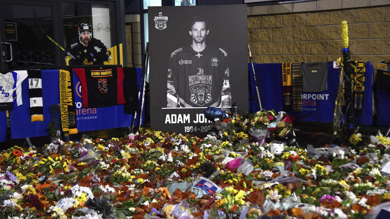 The hockey world continues to mourn and honor the memory of Adam Johnson. (AP Photo/Rui Vieira)